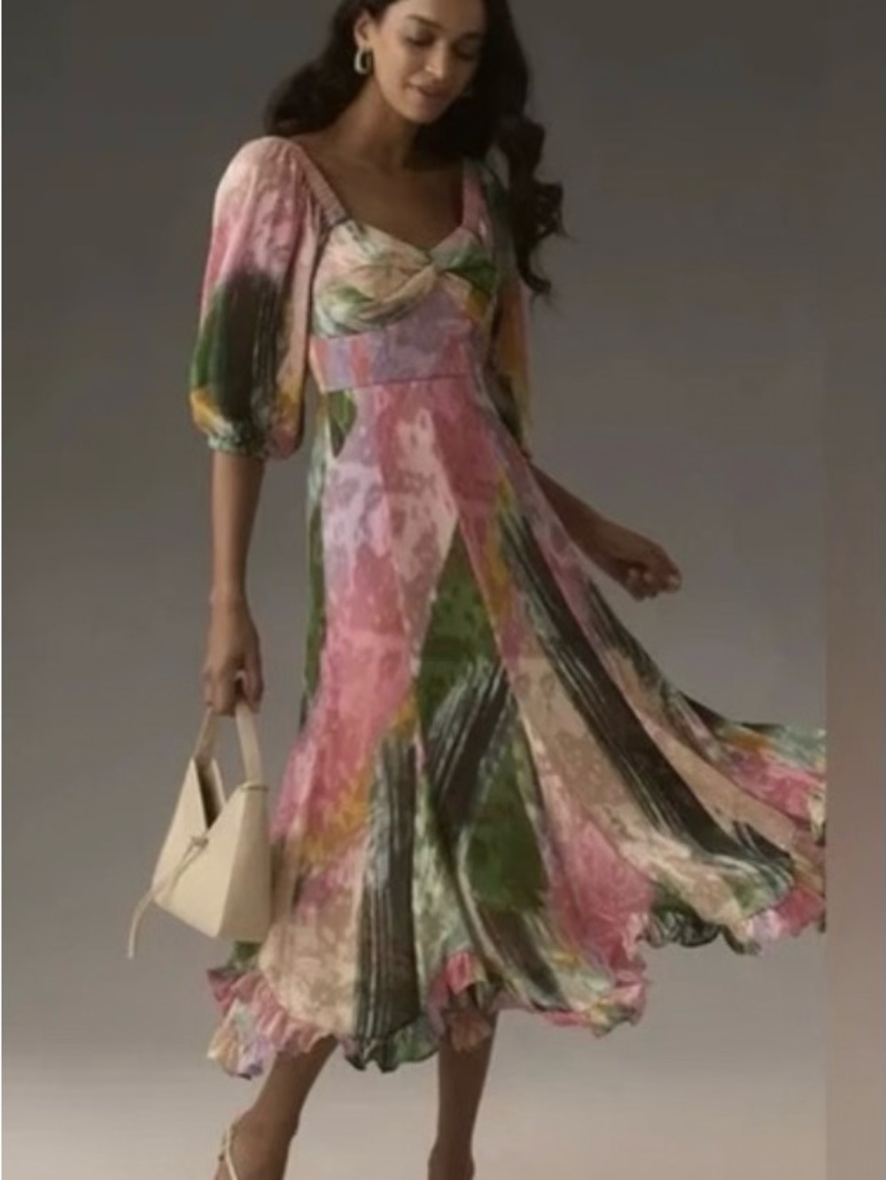 Anthropologie Hutch Pink & Green Watercolor Midi Dress